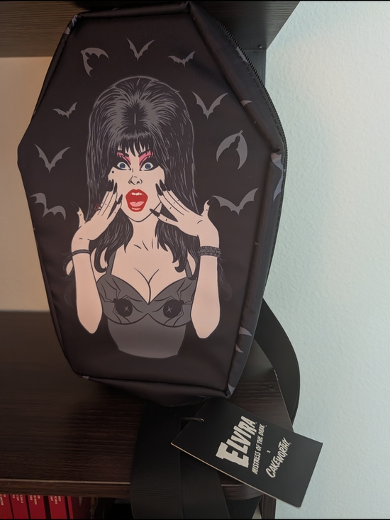 cakeworthy Handbags - Elvira Coffin-Shaped Black Graphic Crossbody Bag